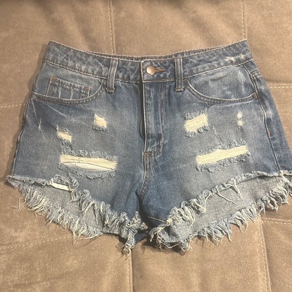 Forever 21 Blue Distressed Jean Shorts High-Waisted - Picture 1 of 3